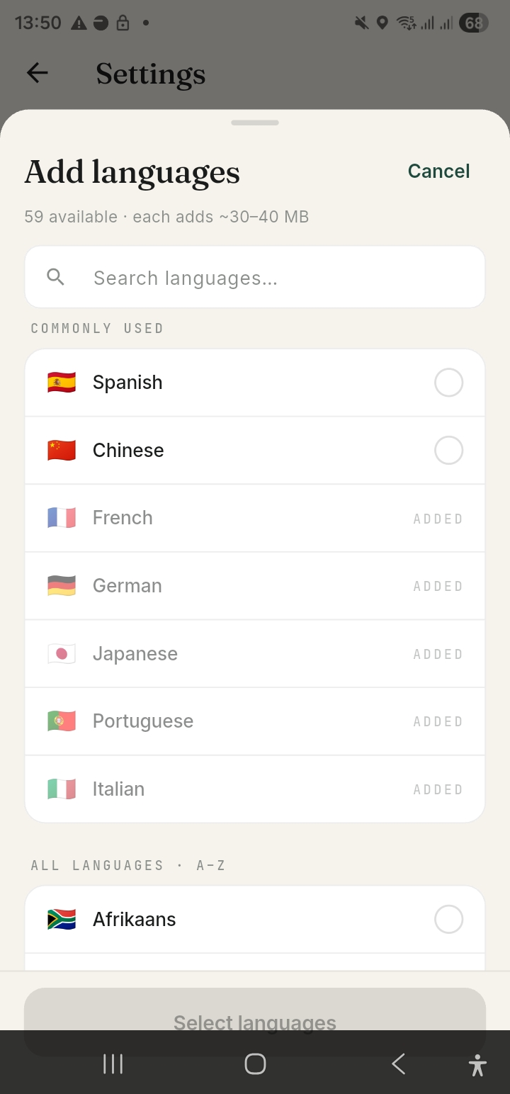 Add languages sheet — pick which languages you translate to