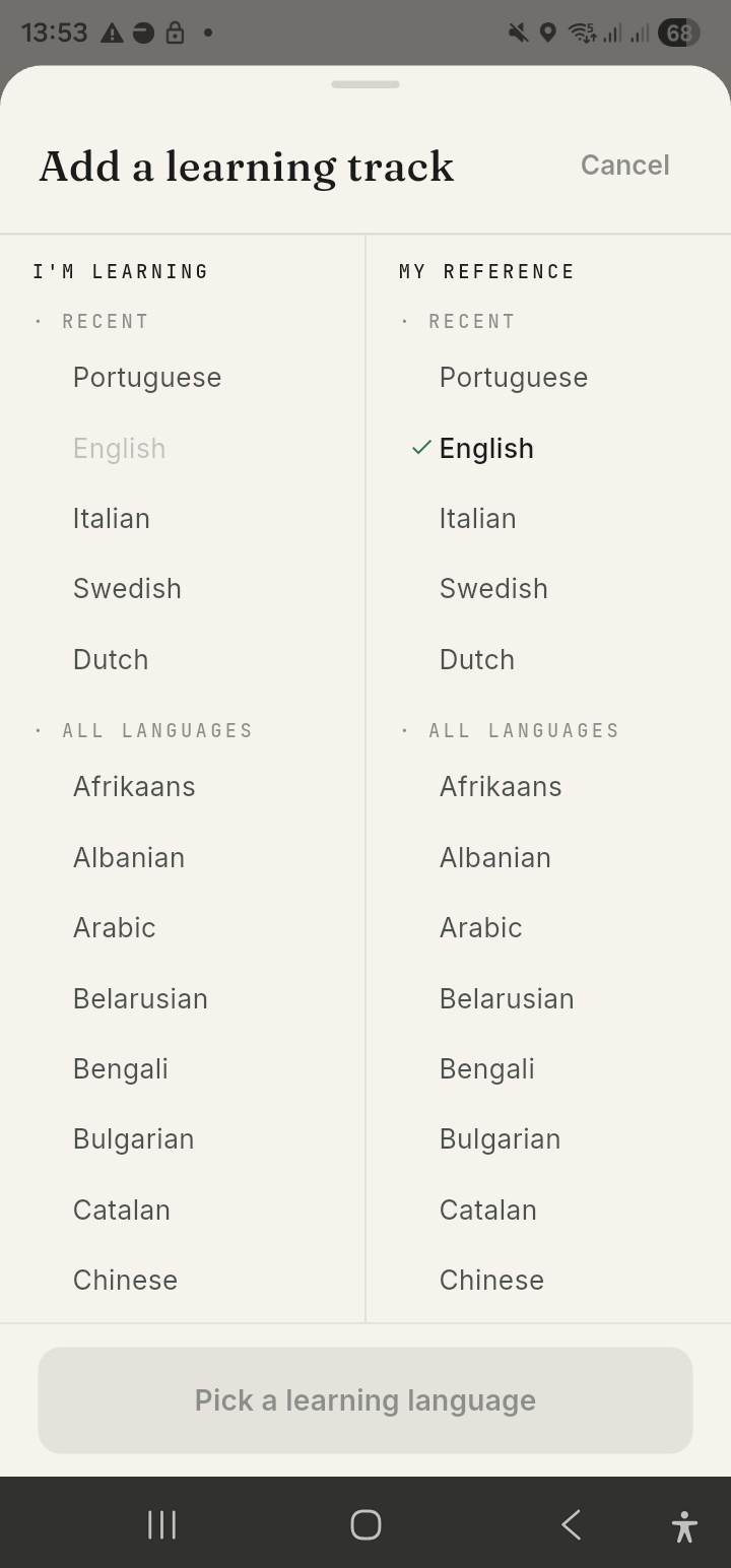 Add a learning track — choosing learning & reference languages