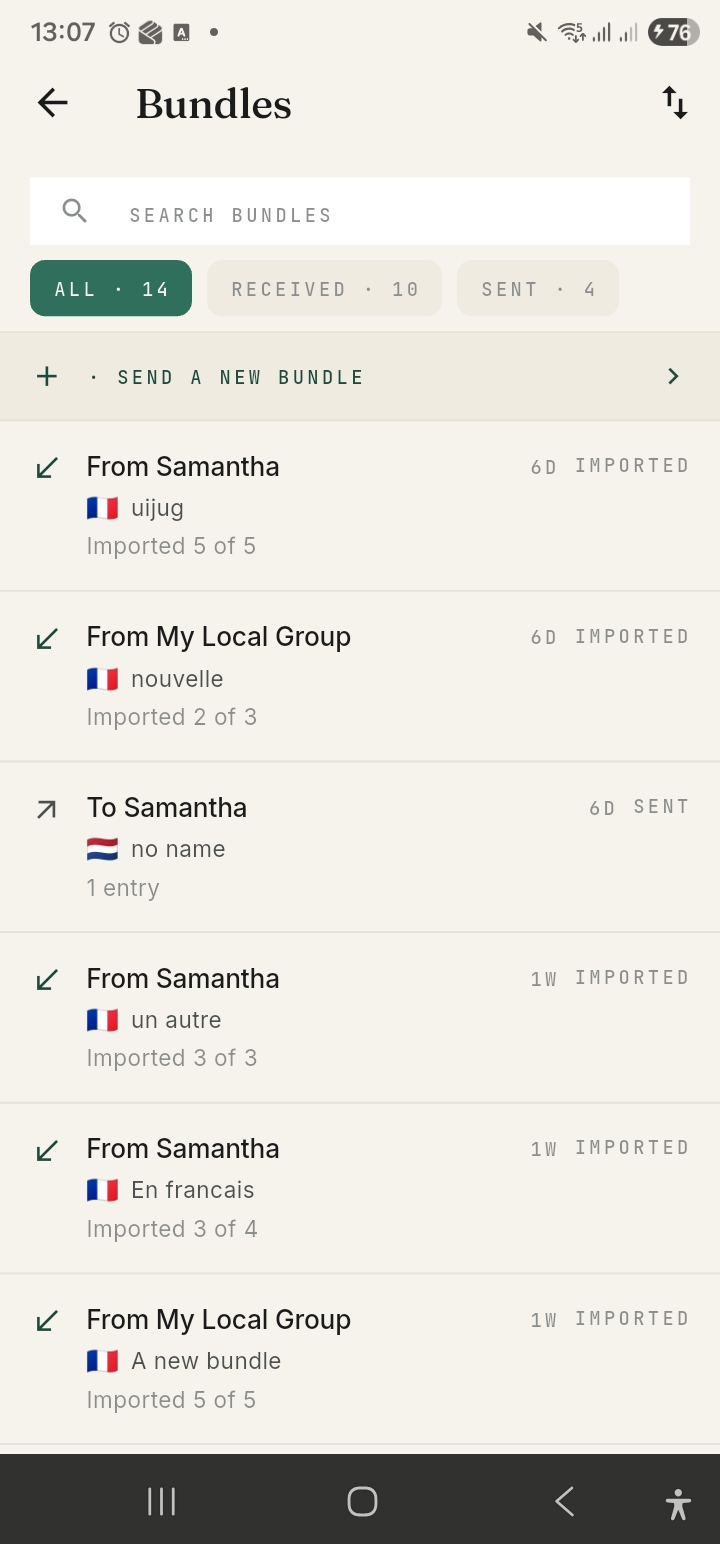 Bundles list — sent and received