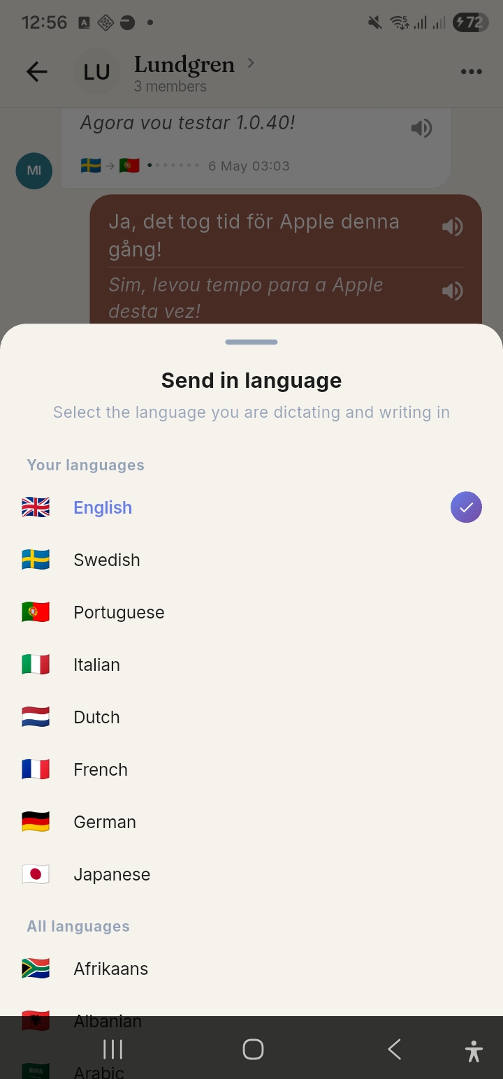 Choosing the language to dictate in